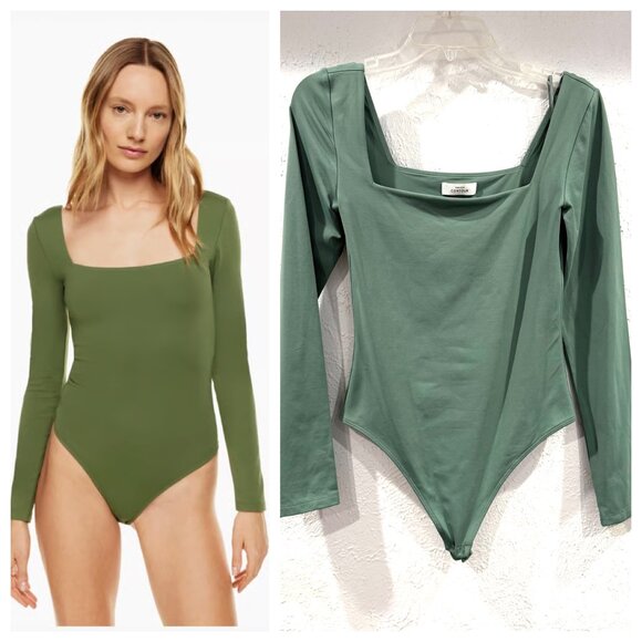 Babaton Aritzia Original Contour Squareneck Bodysuit Dusky Green Thong Size Med - Picture 1 of 15